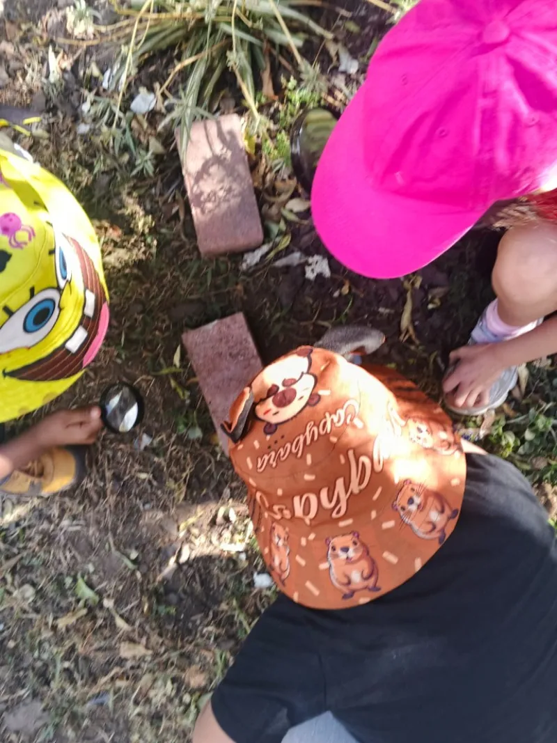 Niños explorando la naturaleza con lupa en salida pedagógica guardería Años Mágicos